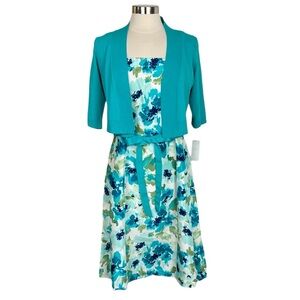 NEW Studio I Turquoise Floral Dress with Matching Bolero, Size 10